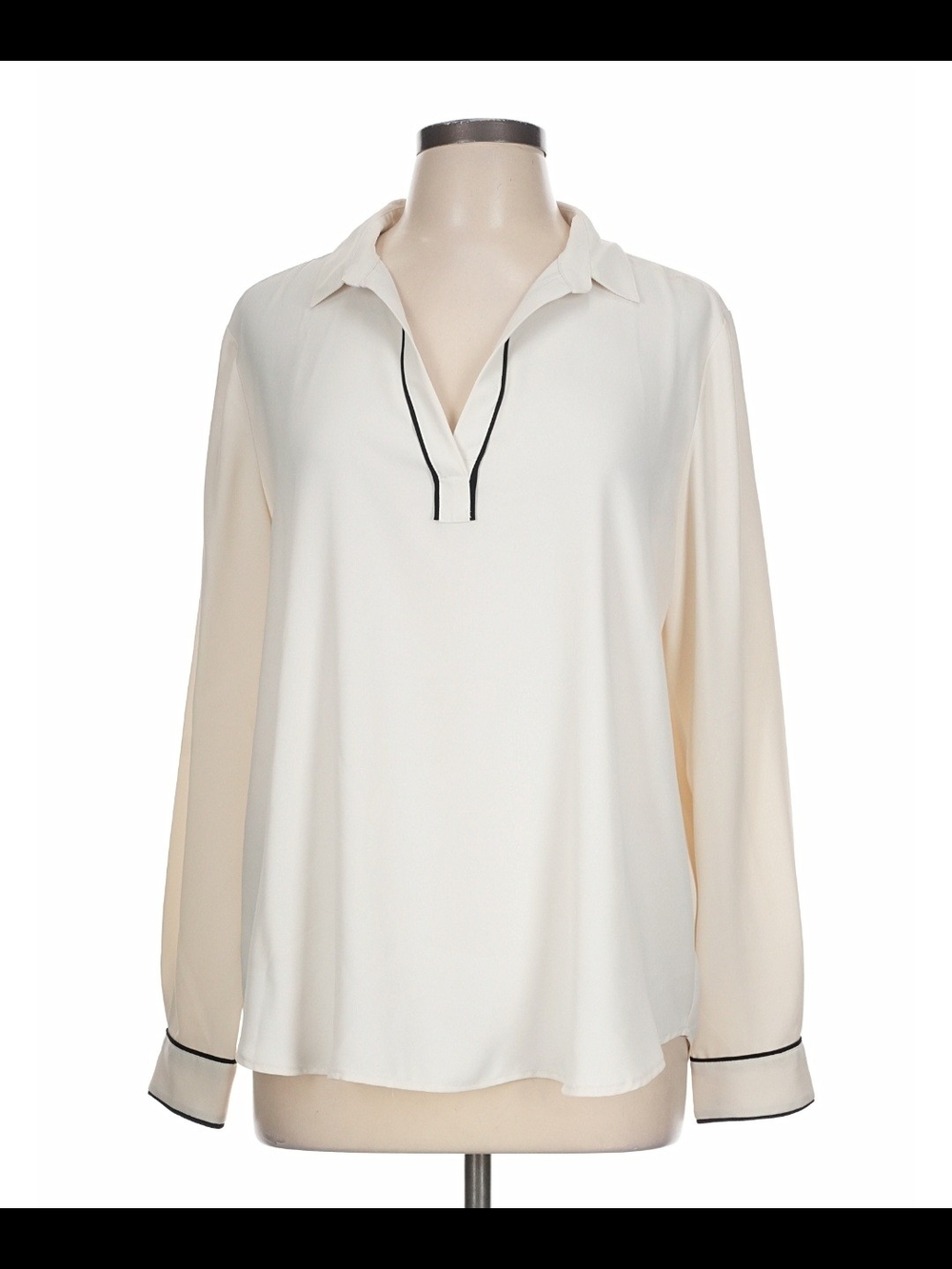 LOFT Cream Long-Sleeve V-Neck Blouse with Black Trim